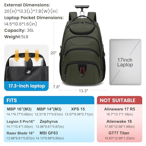 Boavan Rolling Backpack,17 inch Water Resistant Wheeled Backpack,Carry on Luggage Business Bag, Overnight College Computer bag Trolley Suitcase for Men Women Adults to Travel，Green - color: Green, size: 17.3 inches