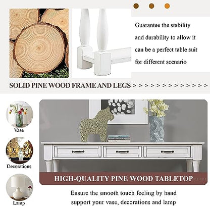 63.4" Solid Wood Console Table for Entryway,Sofa Table with Drawers | Antique White Farmhouse Console Table with 3 Drawers and Bottom Shelf;Solid Wood Sofa Table for Hallway,Foyer,Easy Assembled - color: Antique White