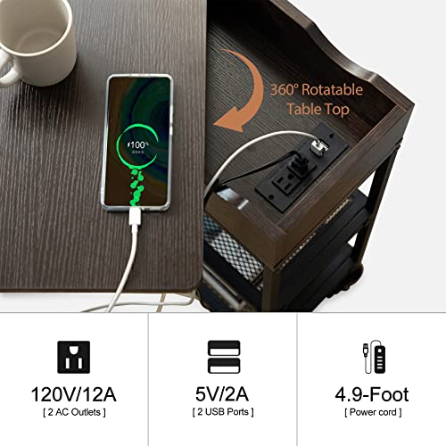 Hadulcet End Table with Charging Station & Rotating Top, Couch End Table, Rotating Swivel Top Side Table for Living Room & Bedroom, Narrow Rolling Side Table on Wheels, Skinny Nightstand, Black Walnut - color: Black Walnut