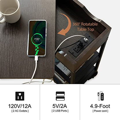 Hadulcet End Table with Charging Station & Rotating Top, Couch End Table, Rotating Swivel Top Side Table for Living Room & Bedroom, Narrow Rolling Side Table on Wheels, Skinny Nightstand, Black Walnut - color: Black Walnut