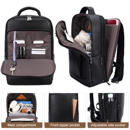 TIDING Men's Expandable Leather 17.3 Inch Laptop Business Backpack | TSA Friendly Weekend 26L Travel Daypack Water-Resistant Overnight Camping Rucksack - color: Black, size: Large(17" laptop)