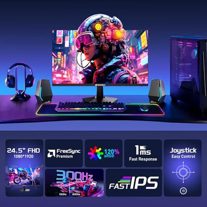 SANSUI Gaming Monitor, 24.5" 300hz 240hz FHD 1080P 1ms FPS PC Monitor Gaming, HDR, FreeSync, DisplayPort x2 HDMI x2, Fast IPS, 120% sRGB, Audio Jack, VESA Support, Desktop Compatible(ES-G25X1 PRO) - size: 24.5 Inch