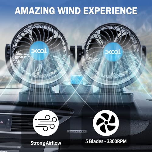 XOOL USB Car Cooling Fans, 2 Speeds Dual Head Car Fan, 360° Rotatable, 5V/2A Powerful Car Fans that Blow Cold Air, Portable Car Fans for Vehicles, SUV, RV, Boat (USB Plug) - size: USB Dual Fan - Front