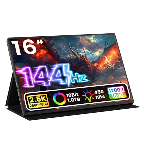 Upperizon Portable Monitor 16 inch 2K QHD 2560x1600 106% sRGB, 144Hz USB-C, 120Hz HDMI, HDR Travel Monitor for Laptop Mac PC Surface PS5 Xbox, External Display with Cover & Speakers, VESA Compatible - size: 16 in
