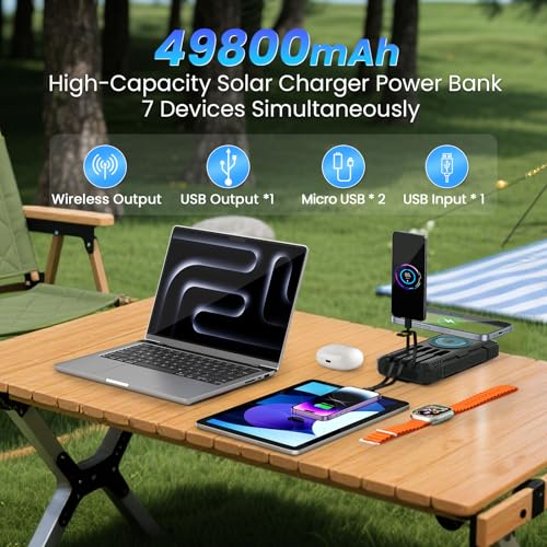 Solar Power Bank 49800mAh - Wireless Portable Charger 15W Fast Charging with 4 Built-in Cables. Equipped with a Powerful Flashlight, IP65 Outdoor Waterproof Power Bank Perfect for Camping (Black) - color: Black