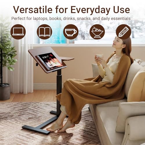 Haotian Overbed Table with Wheels, Adjustable Height Bedside Table with Tilting Desktop, Rolling Laptop Table with Side Shelf, Walnut and Black Mobile Desk for Bed, Sofa, Home Office - color: Walnut Brown and Black