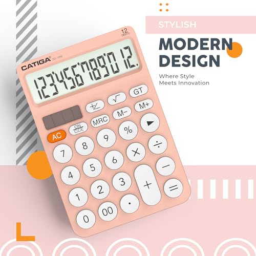 CATIGA 12 Digit Desktop Calculator Basic Desk Calculator with Large LCD Display, Big Buttons, 4 Function, Solar and Battery Dual Power, for Office, School, Home, SD-1292 Pink - color: 2) Pinkwhite