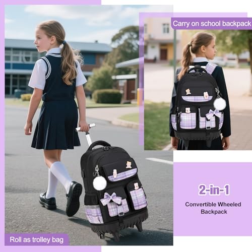 ACESAK Rolling Backpack for Girls - Roller Wheels School bag with Lunch Bag & Pencil Pouch for Teen Girls Kids Wheeled Suitcase Backpacks, Elementary Middle School Travel Daypack (Black Purple) - color: Black