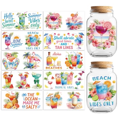 Peacoblue UV DTF Cup Wraps Transfer Stickers Summer Beverages Pattern, 10 Sheets Waterproof Custom Vinyl Transfer Sticker 16oz Coffee Glass Cup Tumbler Bottle Mug Decals for Men Women - style: Summer Beverages