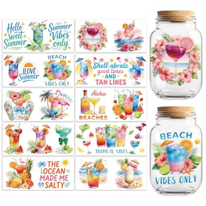 Peacoblue UV DTF Cup Wraps Transfer Stickers Summer Beverages Pattern, 10 Sheets Waterproof Custom Vinyl Transfer Sticker 16oz Coffee Glass Cup Tumbler Bottle Mug Decals for Men Women - style: Summer Beverages