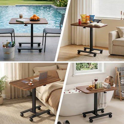 Homkdom C Shaped Table with Wheels, Side End Table with Extended Desktop, Adjustable Rolling Desk for Small Space, Dorm, Height Adjustment (29.5"-44"), Walnut Brown - color: Walnut Brown