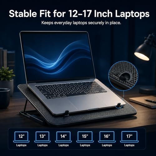 Laptop Cooling Pad, 6 Fans, 4-Level Stand, Dual USB for 12-17 Inch Laptops | Laptop fan stand cooler, computer cooling pad for laptops, phone holder, dual USB ports for home offices, study and work