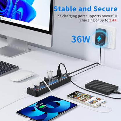 Powered USB Hub, JESWO 11 Port USB 3.0 Hub, 10 USB 3.0 Data Transfer Ports + 1 Smart Charging Port, USB Hub Powered with Individual LED On/Off Switches and 12V/3A Power Adapter - style: 10+1 USB 3.0 Hub