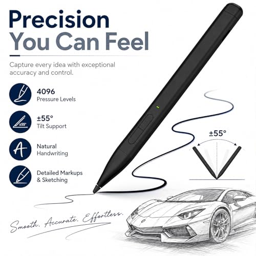HATOKU Stylus Pen for Microsoft Surface: Slim Pen with 60H Long Battery - 4096 Pressure Sensitivity - 40min Fast Charging MPP2.0 Active Pencil for Surface Pro 11 10 X Laptop Studio Business Take Notes