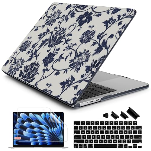 Batianda Case for MacBook Air 15 inch 2026 M5 M4 M3 M2 Chip, Navy Flowers | 4-in-1 set with artistic porcelain vine flower design, lightweight slim hard shell protection for office women and teachers - color: Navy flowers