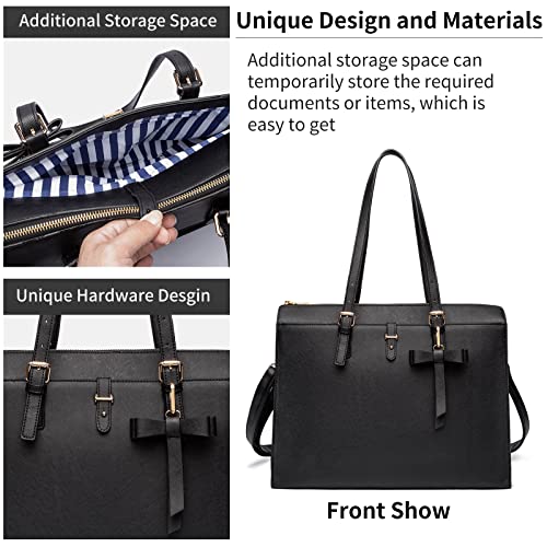 Keyli 4pc Sets Laptop Bag for Women Large Leather Laptop Briefcase with USB Charging Port Computer Shoulder tote Bags Purse - color: Black