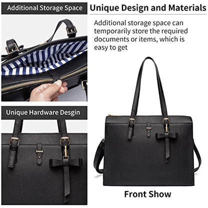 Keyli 4pc Sets Laptop Bag for Women Large Leather Laptop Briefcase with USB Charging Port Computer Shoulder tote Bags Purse - color: Black