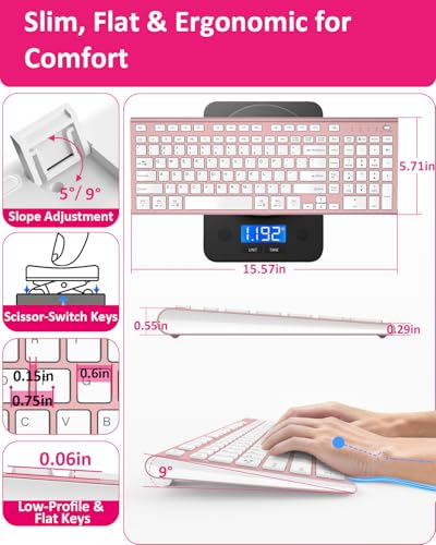 FENIFOX Wireless Silent Keyboard, Ultra Quiet USB C Low Profile Compact Full Size with Number Pad Flat Slim Thin Soft Touch for Mac Computer MacBook iMac PC Laptop Desktop Office (Pink Rose Gold) - color: Pink Rose Gold