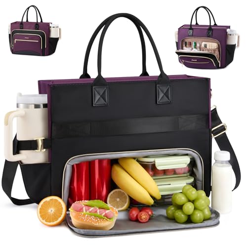 LOVEVOOK Lunch Tote Bag for Women, 3 in 1 Work Bag with Insulated Lunch Compartment, 15.6inch Laptop Bag with Large Cup Holder for Office, College, Casual,Teacher,Nurse - color: Black-purple, size: 15.6 inch with Lunch Compartment