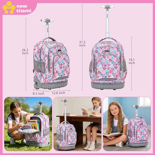 NEW TILAMI Rolling Backpack for Kids 18 Inch Wheeled Laptop Backpack Kids School Travel - color: Pink Love