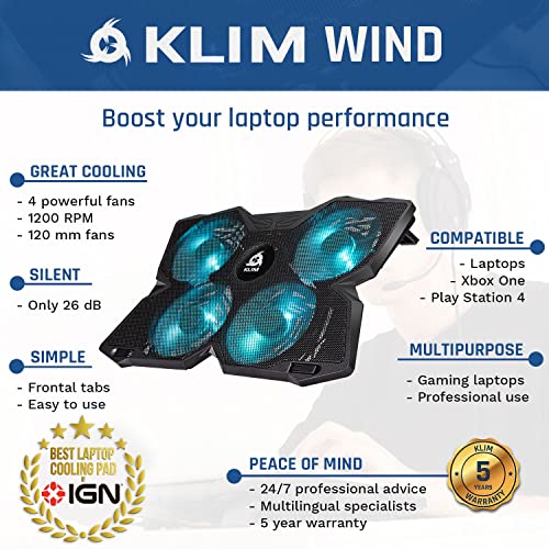 KLIM Wind Laptop Cooling Pad - More Than 500 000 Units Sold - New Version - The Most Powerful Rapid Action Cooling Fan - Laptop Stand with 4 Cooling Fans at 1200 RPM - USB Fan - PS5 PS4 - Cyan - color: Turquoise