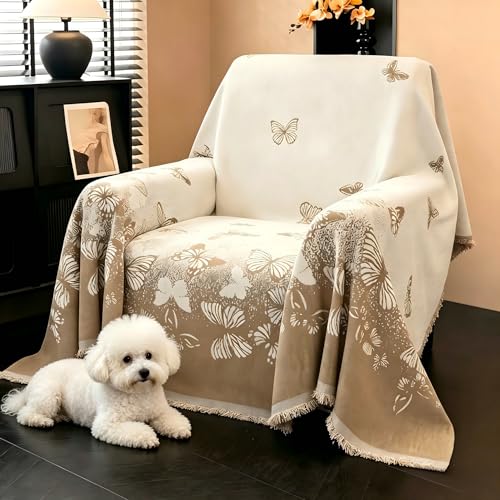 71x71 Chenille Couch Cover Reversible Sofa Slipcover with Tassels | Pet Friendly Furniture Protector for Dog Cat, Butterfly Pattern Washable Throw Blanket for Loveseat Armchair Sectional Sofa - color: Coffee Butterfly, size: 71"x 71"