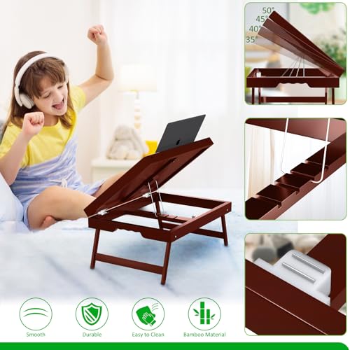 2 Pack Bamboo Bed Tray Table with Foldable Legs & Ergonomic Handle, 17x12in Breakfast Tray for Eating, Laptop Desk, Sofa Snacking, Non-Slip Surface (Mahogany) - color: Mahogany - 2 Pack