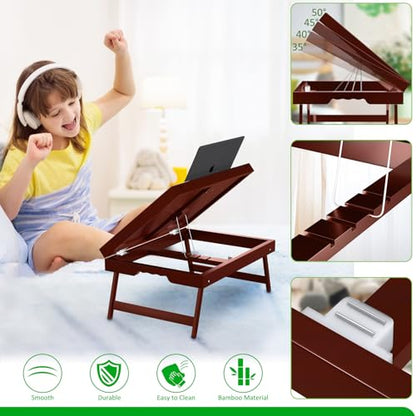 2 Pack Bamboo Bed Tray Table with Foldable Legs & Ergonomic Handle, 17x12in Breakfast Tray for Eating, Laptop Desk, Sofa Snacking, Non-Slip Surface (Mahogany) - color: Mahogany - 2 Pack