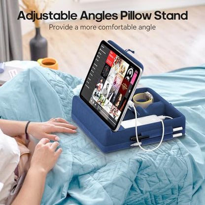 KDD Tablet Pillow Stand with Storage, Foldable iPad Holder for Lap, Desk and Bed, Angle Adjustable Soft Pad Dock with Stylus Mount Compatible with iPad Pro, Air, mini, Book, Phone and Tablet (4-13") - color: Dark Blue