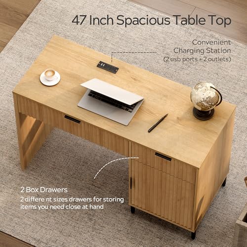 47" Fluted Executive Desk, Modern Wood Home Office Desk with Charging Station, Drawer & Cabinet, Computer Writing Desk for Work Study, Natural Oak - color: Natural Oak