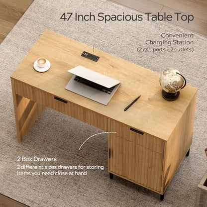 47" Fluted Executive Desk, Modern Wood Home Office Desk with Charging Station, Drawer & Cabinet, Computer Writing Desk for Work Study, Natural Oak - color: Natural Oak