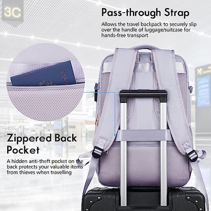 Large Travel Backpack Women, Flight Approved Carry On Backpack, Water Resistant Anti-Theft Large Casual Daypack Fit 17 Inch Laptop with USB Charging Port - color: Purple, size: 17.3 inch