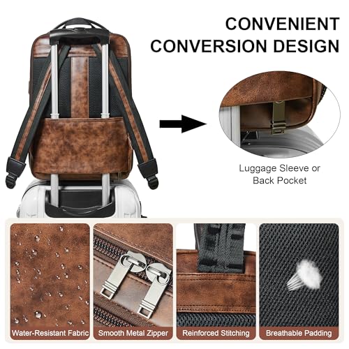 Vegan Leather Laptop Backpack for Women and Men Fits 16 Inch Laptop | Water Resistant,28L Expandable Computer Backpack Purse,USB Charging Port,Travel Work Business College Teacher Nurse - color: Two-toned Brown