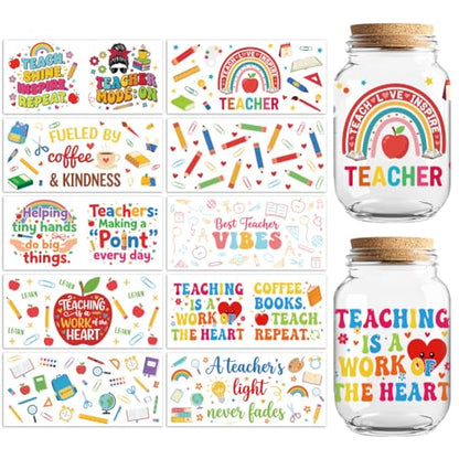 Peacoblue UV DTF Cup Wraps Transfer Stickers Teacher's Day Stationery Pattern, 10 Sheets Waterproof Custom Vinyl Transfer Sticker 16oz Coffee Glass Cup Tumbler Bottle Mug Decals for Men Women - style: Teacher's Day Stationery