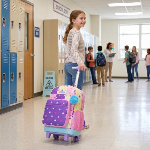 Girls Rolling Backpack with Lunch Box School Backpacks with Wheels 16.5" Roller Backpack for Girls, 3pcs Kids Wheeled Bookbag for Elementary School - color: Duosewujiaoxing