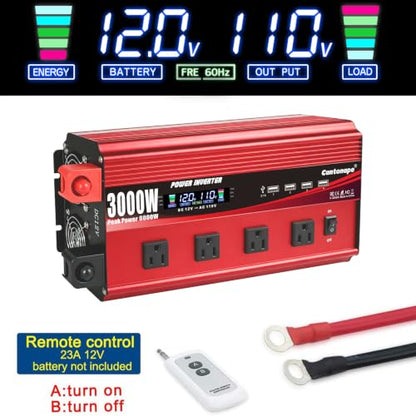 Cantonape 3000W Power Inverter 12V to 110V/120V DC to AC with LCD Display, Remote Controller 4 x AC Outlets and 4 x 3.1A USB Car Adapter for Car Truck Boat RV Solar System - size: 3000W-12V