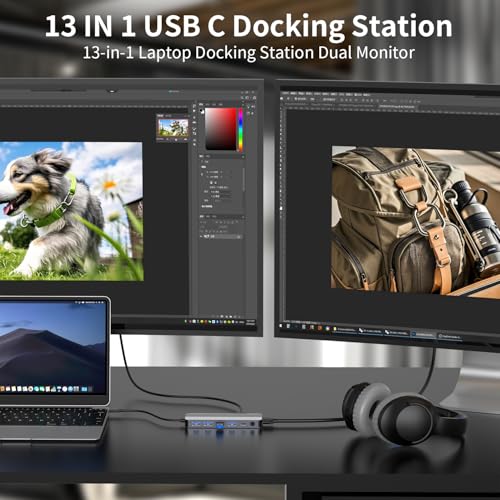 Docking Station 3 Monitors for HP/Dell/Lenovo/MacBook Laptop,13 in 1 USB C Hub, Computer Docking Station for Laptop with Dual HDMI,VGA,USB 3.0,Fast Charging Port,SD/TF Card Reader,3.5mm Audio - style: 13 in 1 4K@30Hz