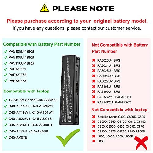 Futurebatt PA5109U-1BRS Battery for Toshiba Satellite C40 C45 C50D C50T C55 C55T C55DT C805 C855 C855D L855 L875 P855 P875 S855 S875 S75 PA5108U-1BRS PA5110U-1BRS PABAS271 PABAS272 PABAS273 - size: PA5109 8.86 3.15 1.38