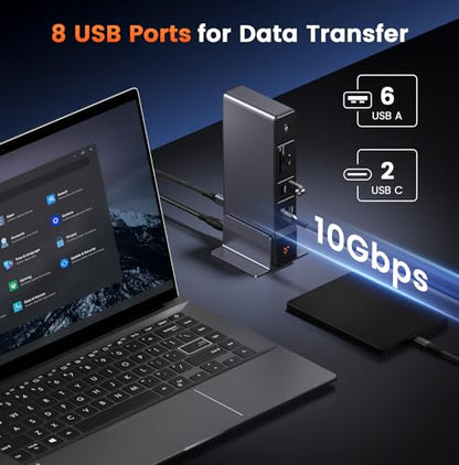 TobenONE Laptop Docking Station 3 Monitors, 8 USB Ports, 150W Adapter | 100W PD and 20W Charging, 2.5G Ethernet, Triple 4K via 2 HDMI, DP, USB C, Single 4K@144, SD/TF 4.0 for Windows/Chrome OS