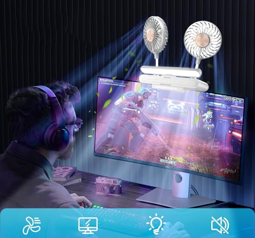 Clip Fan USB-Powered Cooling Fan with LED Light Bar Glacier Silver | Space-Saving Personal fan for Monitor/Laptop/Flat/Bedside/Bookshelf/Music Stand/Reading Stand - color: Glacier Silver