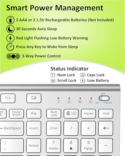 FENIFOX Wireless Silent Keyboard, Ultra Quiet USB C Low Profile Compact Full Size with Number Pad Flat Slim Thin Soft Touch for Mac Computer MacBook iMac PC Laptop Desktop Office (White and Silver) - color: White and Silver