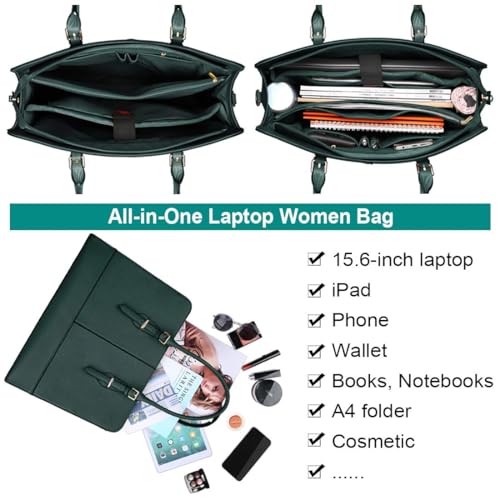 Laptop Bag for Women 15.6 Inch Leather Work Tote Briefcase Business Computer Shoulder Bag Large Capacity Waterproof Office Messenger Handbag Professional Teacher Nurse Carryall - color: Deepgreen