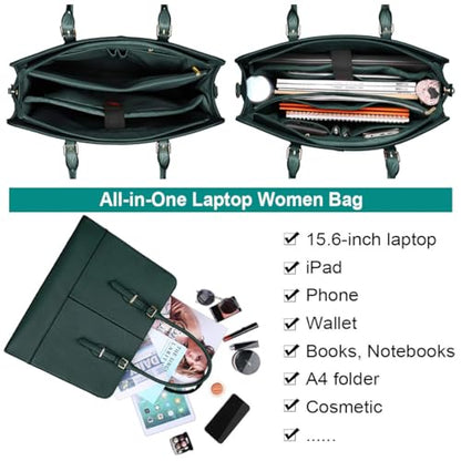 Laptop Bag for Women 15.6 Inch Leather Work Tote Briefcase Business Computer Shoulder Bag Large Capacity Waterproof Office Messenger Handbag Professional Teacher Nurse Carryall - color: Deepgreen