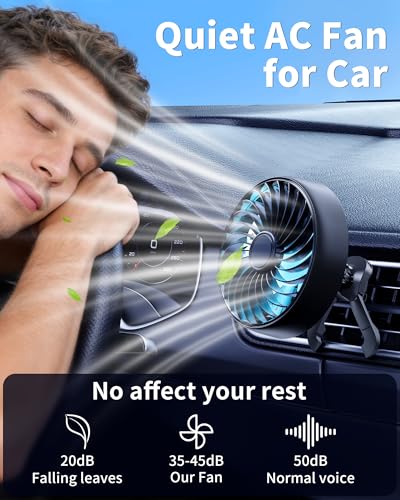 USB AC Fan for Car SUV Van Pickup Truck RV Vehicles Air Vent, Car Vent Fan to Boost Cooling Air Circulation, Colorful Lighting Car Clip On Fan 3 Speed Setting 360 Rotating Quiet Running