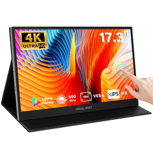 17.3'' 4K Portable Touchscreen Monitor, UHD 500Nits 100% AdobeRGB IPS HDR Travel Display, USB, Type-C & HDMI, Dual Speakers, VESA & Smart Cover - for Laptop PC Phone PS4/5 Xbox etc.