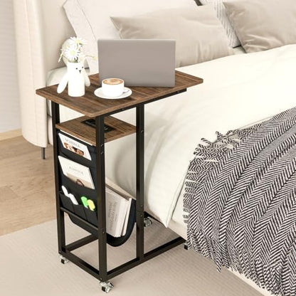 GIANTEX 27" C Shaped End Table w/Charging Station, Rolling Wheels | Slide Under Couch, Outlets & USB Port, Side Table Nightstand Small Laptop Sofa TV Tray C Table for Living Room, Rustic Brown