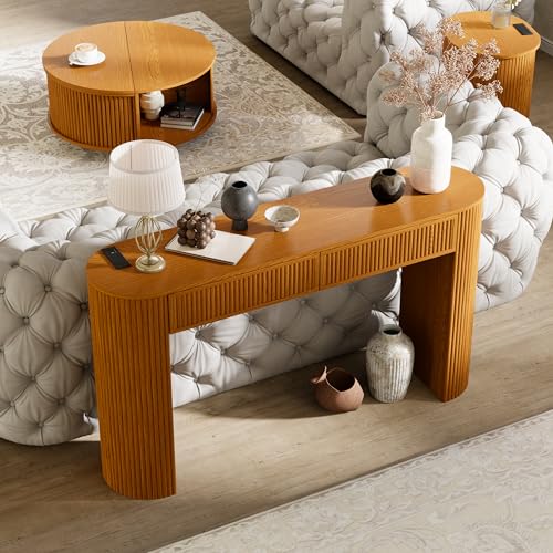 55" Fluted Console Table with 2 Drawers & LED Lights,Entryway Tables with Charging Station,Narrow Sofa Table Behind Couch,Mid-Century Modern Foyer Table for Entryway, Hallway, Living Room(Yellow Oak) - color: Yellow Oak