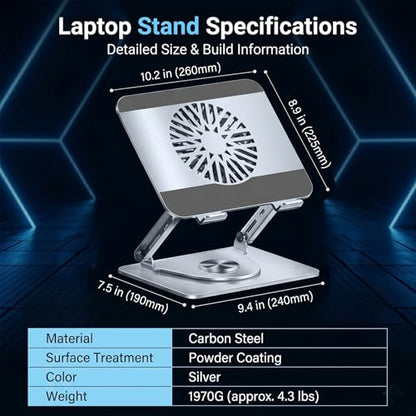 RGB Cooling Laptop Stand with 360° Rotating Base, Adjustable Foldable Laptop Riser, Ultra Quiet Fan for Heat Dissipation, Ergonomic Height Angle Laptop Stand Fit 10-17.3" Laptops/Tablets (Silver)