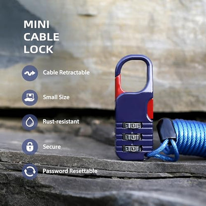 Small Cable Locks with Combination, Travel Combo Lock with Retractable Cable for Ski Gear, Snowboard, Luggage, Suitcases, Backpack, Bike, Bicycle, Scooter, Motorcycle Helmet Anti Theft - color: Black+Blue