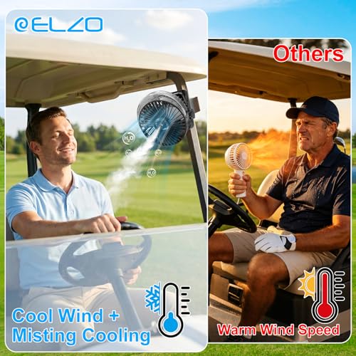 ELZO 12000mAh Clip on Fan, USB Desk Fan Rechargeable with Spray function | Hanging Hook & Magnetic & LED Light, Clip Fan Quiet 360° Rotation Portable for Desktop Stroller Office Tent Car RV